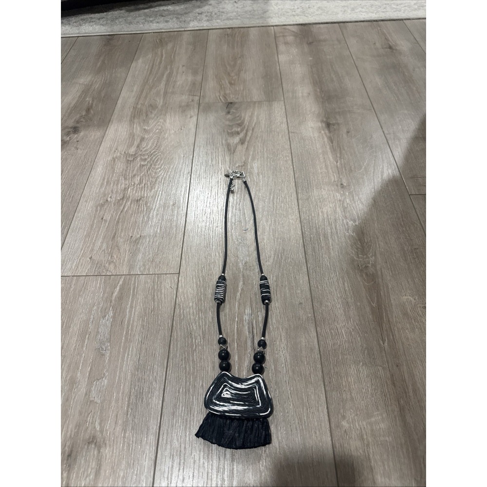 Chicos Black Silver‎ Tassel Cord Necklace Statement Piece Rope